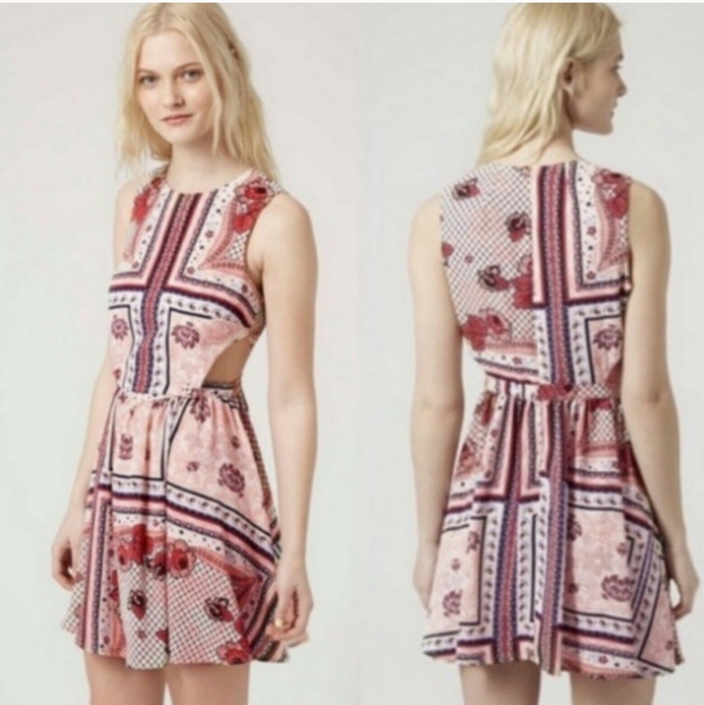 Topshop Skater Dress Romper pink floral patchwork Sz8 open cutouts cute details